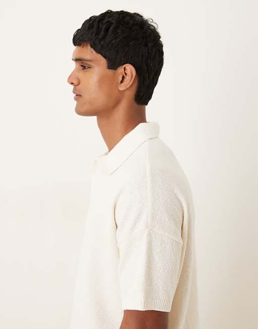 DESIGN Oversized Textured Knitted Notch Neck Polo In Ecru