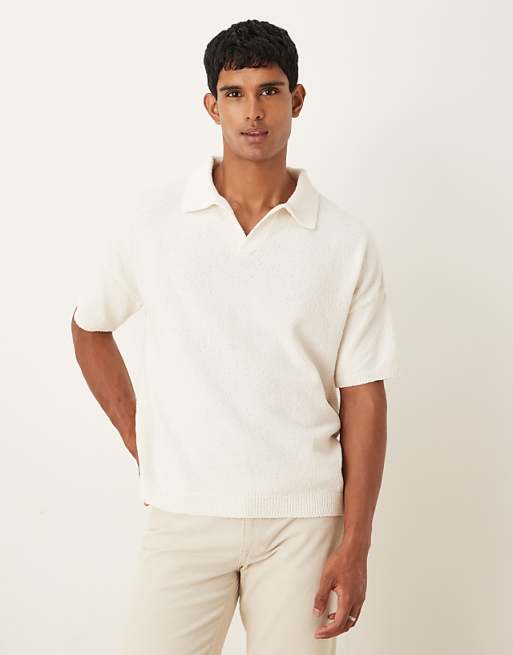 DESIGN oversized textured knitted notch neck polo in ecru
