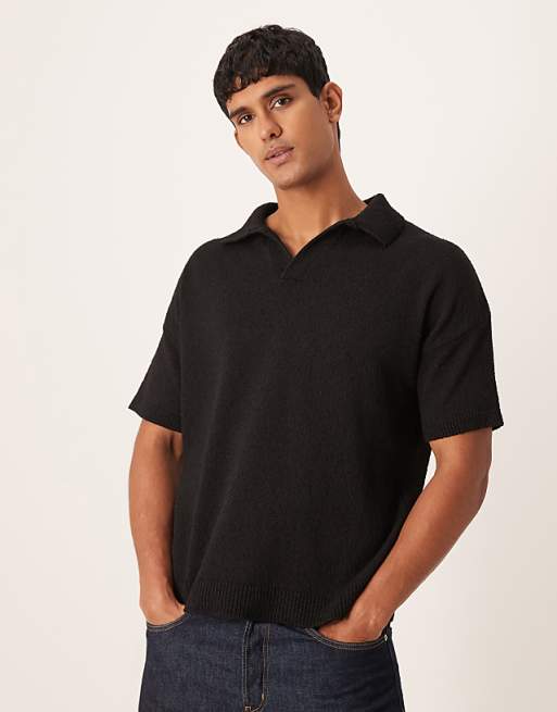 DESIGN Oversized Textured Knitted Notch Neck Polo In Black