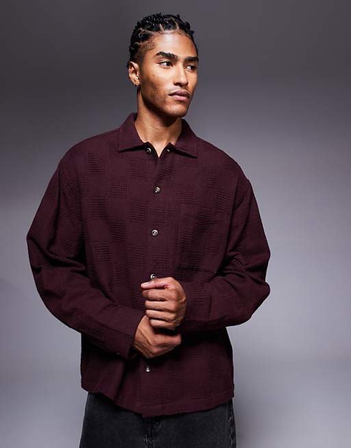 DESIGN oversized textured shirt in burgundy