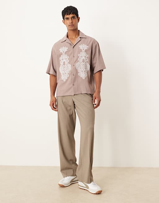 DESIGN Oversized Textured Shirt With Embroidery In Brown