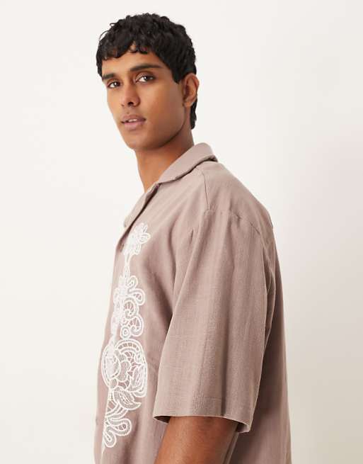 DESIGN Oversized Textured Shirt With Embroidery In Brown
