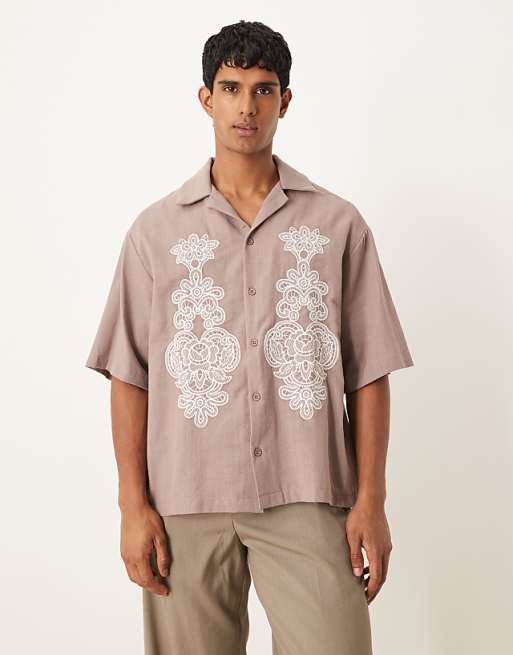 DESIGN oversized textured shirt with embroidery in brown