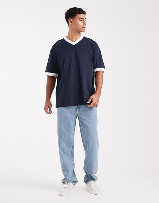 DESIGN Oversized V Neck T-shirt With Contrast Binding In Navy