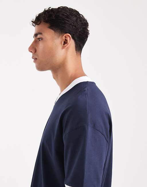 DESIGN Oversized V Neck T-shirt With Contrast Binding In Navy