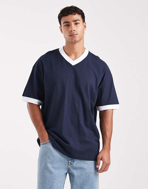 DESIGN oversized v neck t-shirt with contrast binding in navy