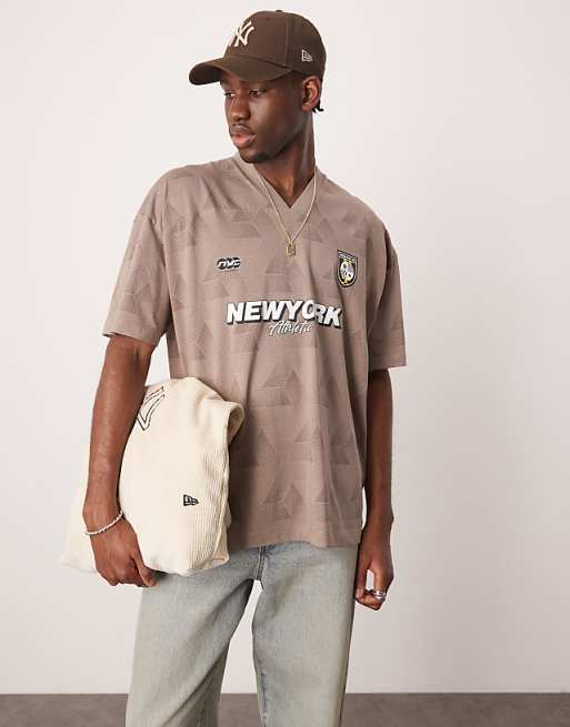 DESIGN Oversized V-neck T-shirt With Sports Graphic In Stone