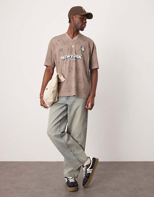 DESIGN Oversized V-neck T-shirt With Sports Graphic In Stone