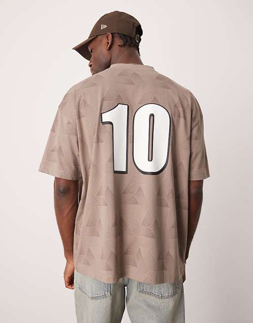 DESIGN oversized v-neck t-shirt with sports graphic in stone
