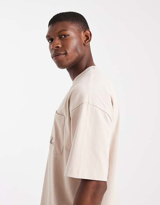 DESIGN Oversized Washed Pocket Tee With Embroidery Chest Graphic In Stone