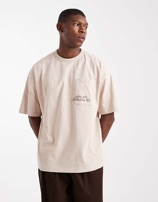 DESIGN oversized washed pocket tee with embroidery chest graphic in stone