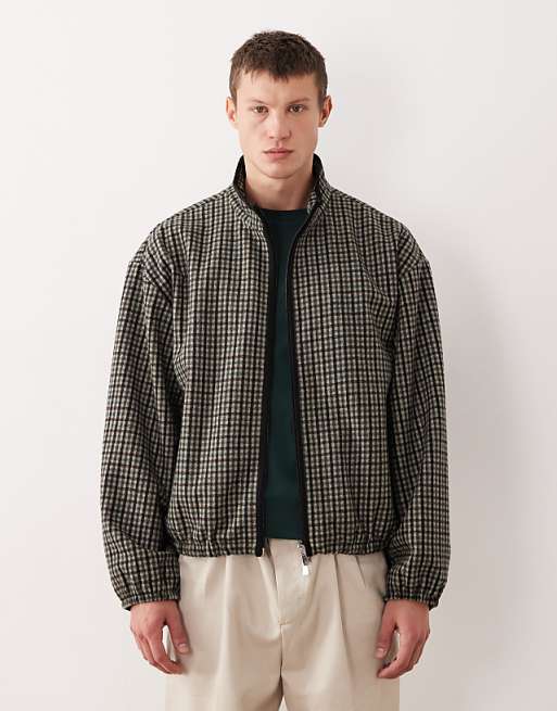 DESIGN oversized wool look track jacket in green check