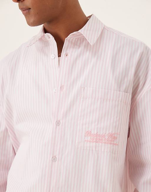 DESIGN Overszied Long Sleeve Shirt With Embrodery In Pink Stripe
