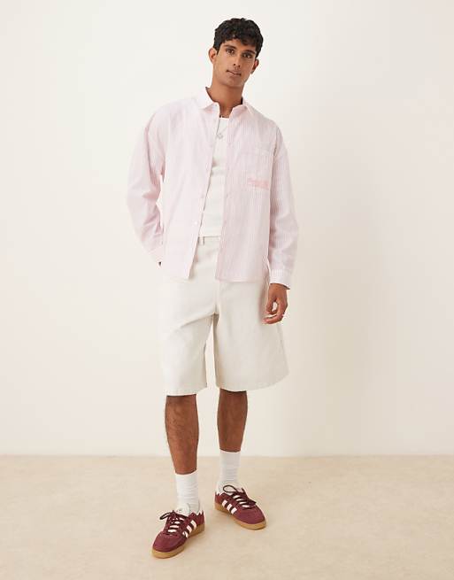 DESIGN Overszied Long Sleeve Shirt With Embrodery In Pink Stripe