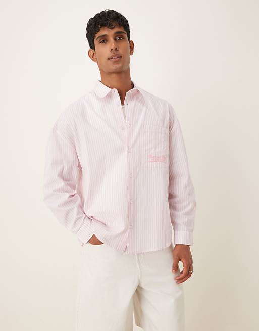 DESIGN overszied long sleeve shirt with embrodery in pink stripe
