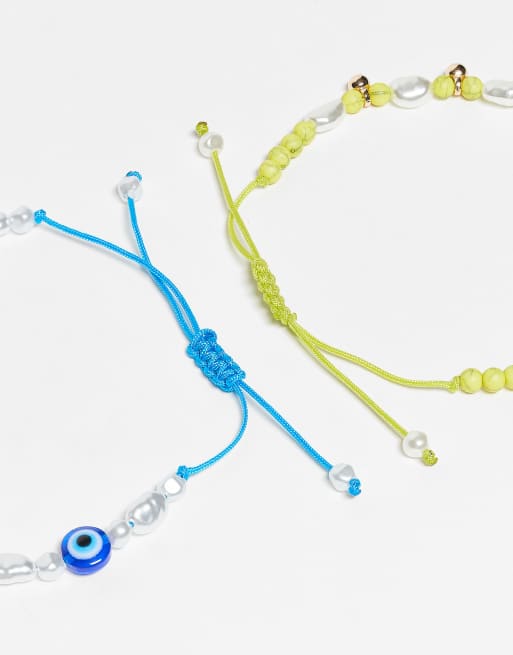 DESIGN Pack Of 2 Beaded Charm Bracelets In Blue And Green