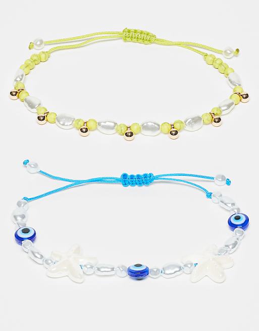 DESIGN pack of 2 beaded charm bracelets in blue and green