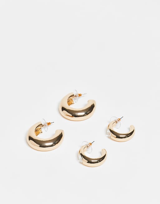 DESIGN pack of 2 chunky hoop earrings in gold tone