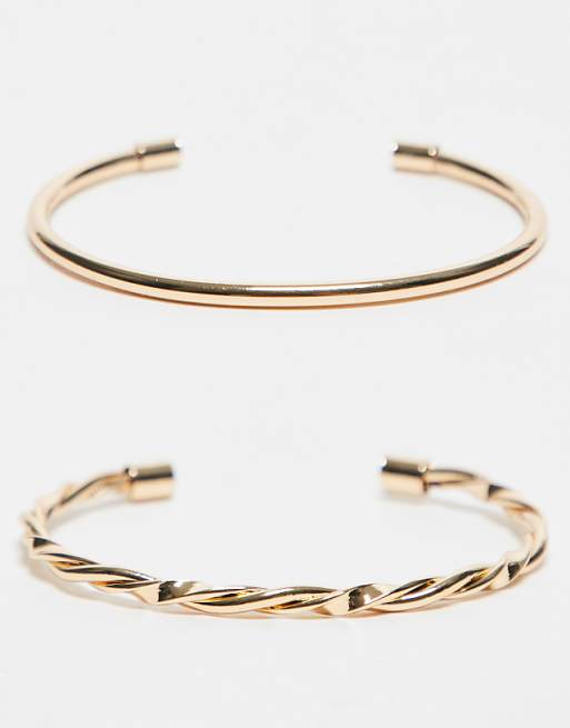 DESIGN pack of 2 cuff bracelets with plain and twist detail in gold tone
