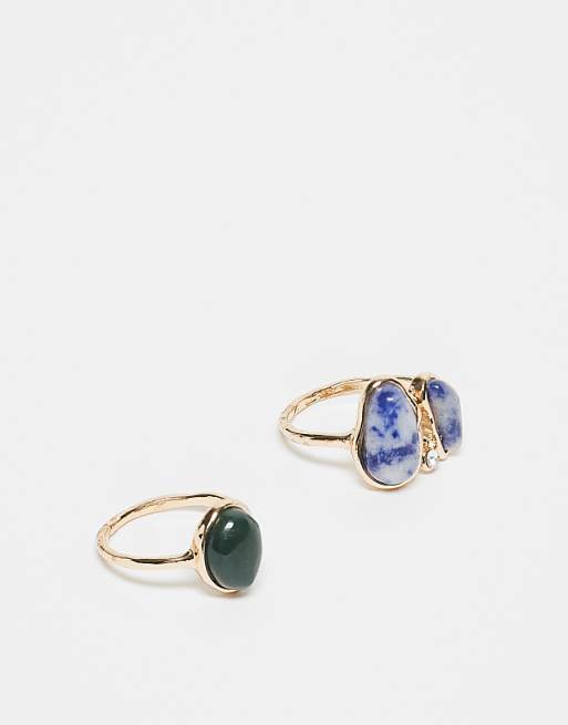 DESIGN pack of 2 rings with faux semi-precious stone settings in gold tone