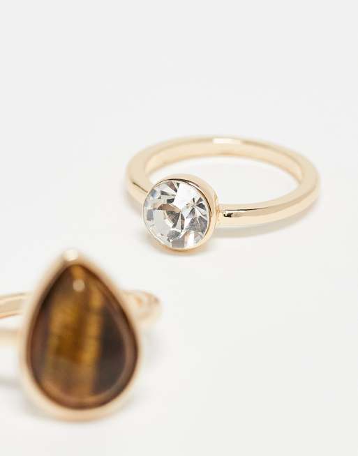 DESIGN Pack Of 2 Rings With Real Tigers Eye Stone In Gold Tone