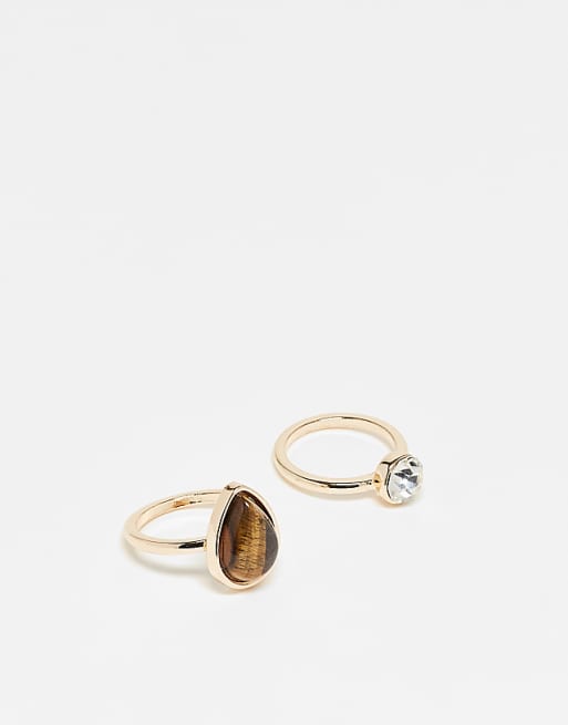 DESIGN pack of 2 rings with real tigers eye stone in gold tone