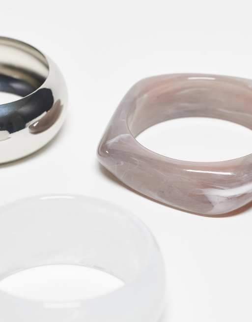 DESIGN Pack Of 3 Bangle Bracelets In Resin And Metal In Silver Tone