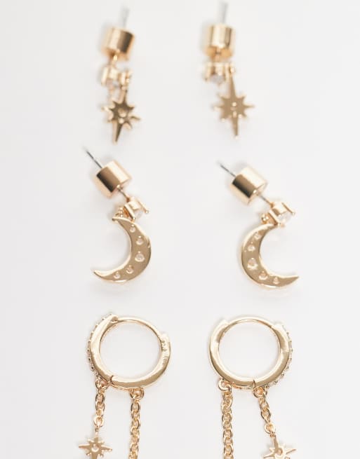 DESIGN Pack Of 3 Celestial Earrings With Cubic Zirconia Stones In Gold Tone With Gift Bag