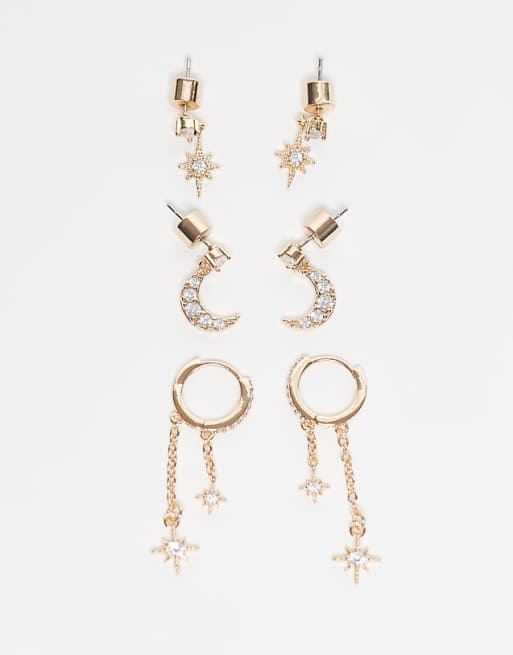 DESIGN pack of 3 celestial earrings with cubic zirconia stones in gold tone with gift bag