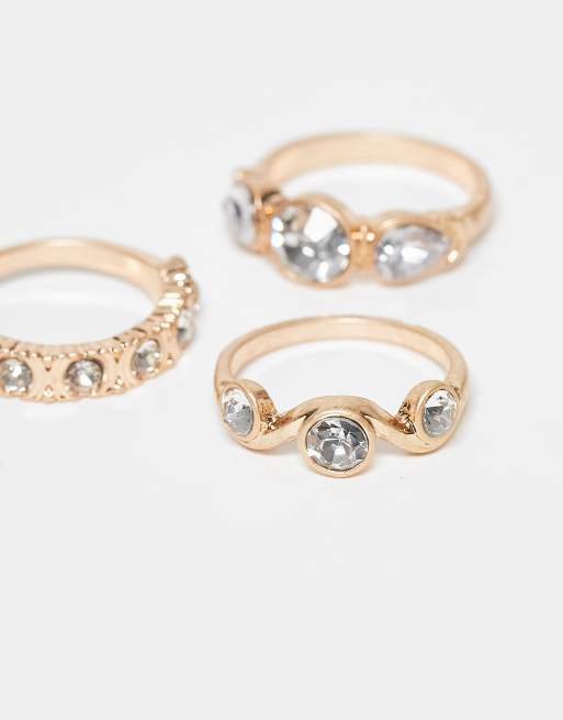 DESIGN Pack Of 3 Mixed Crystal Design Rings In Gold Tone