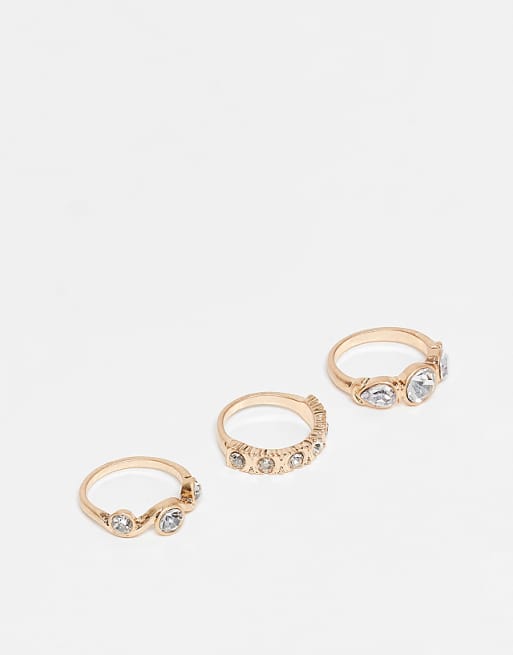 DESIGN pack of 3 mixed crystal design rings in gold tone