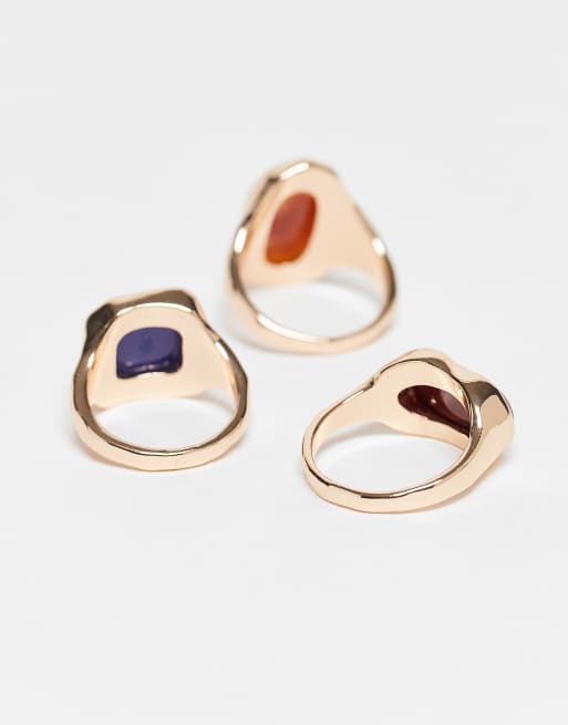 DESIGN Pack Of 3 Mixed Faux Semi Precious Stone Rings In Gold Tone