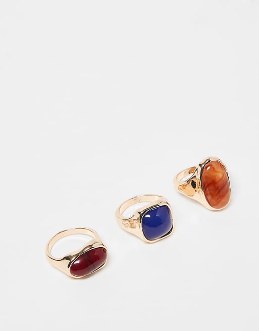 DESIGN pack of 3 mixed faux semi precious stone rings in gold tone