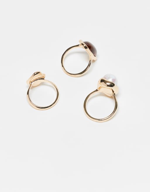 DESIGN Pack Of 3 Rings With Faux Pearl And Molten Design In Gold Tone