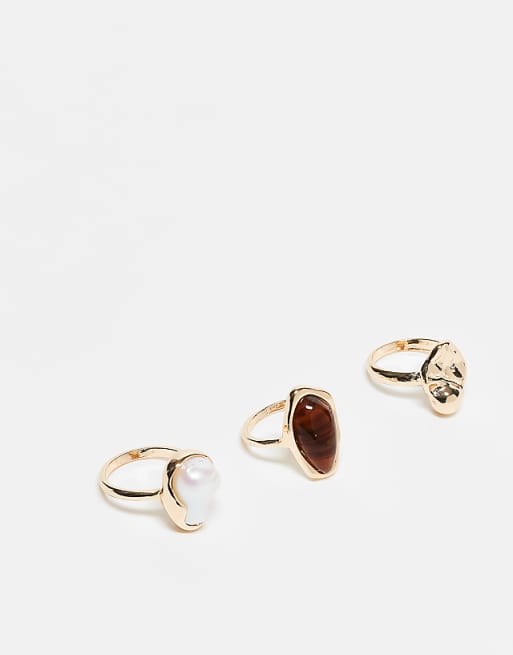 DESIGN pack of 3 rings with faux pearl and molten design in gold tone