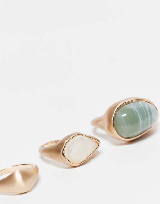DESIGN Pack Of 3 Rings With Faux Semi Precious Stone Set In Brushed Gold Tone