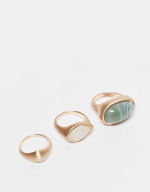 DESIGN pack of 3 rings with faux semi precious stone set in brushed gold tone