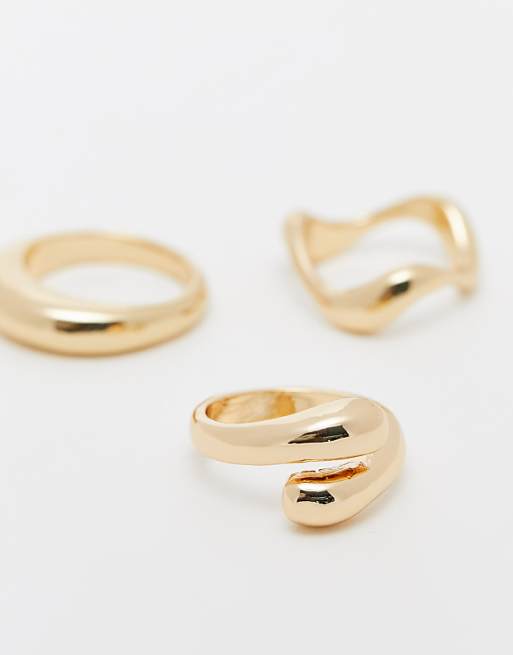 DESIGN Pack Of 3 Rings With Mixed Minimal Designs In Gold Tone