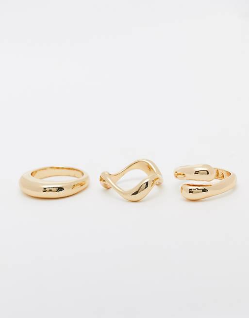 DESIGN Pack Of 3 Rings With Mixed Minimal Designs In Gold Tone