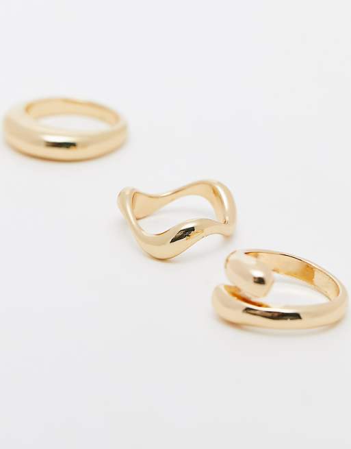 DESIGN Pack Of 3 Rings With Mixed Minimal Designs In Gold Tone