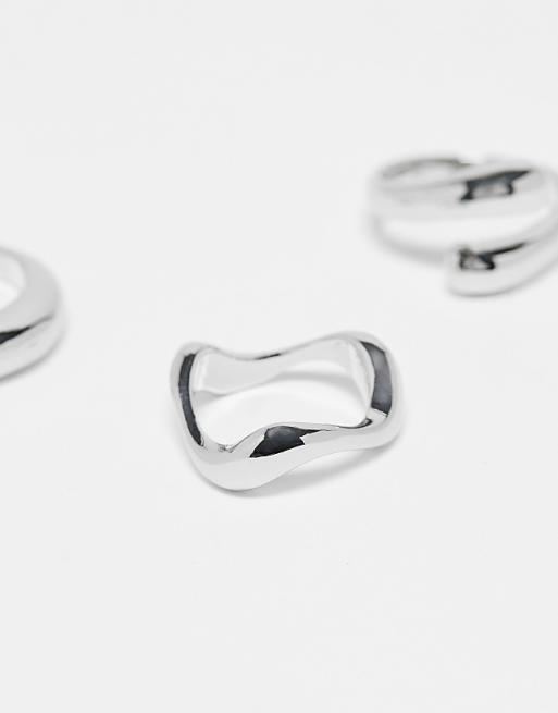DESIGN Pack Of 3 Rings With Mixed Minimal Designs In Silver Tone