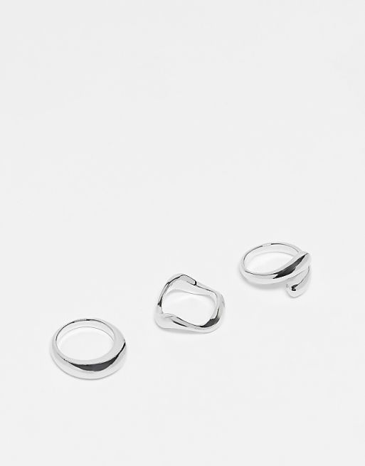 DESIGN pack of 3 rings with mixed minimal designs in silver tone