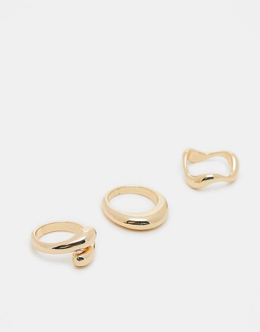 DESIGN pack of 3 rings with mixed minimal designs in gold tone
