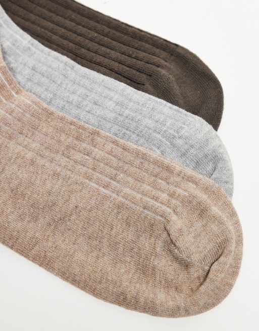 DESIGN Pack Of 3 Soft Ribbed Socks In Chocolate Brown Oatmeal And Grey Marl