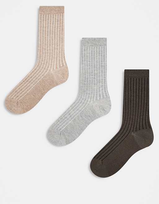 DESIGN pack of 3 soft ribbed socks in chocolate brown oatmeal and grey marl