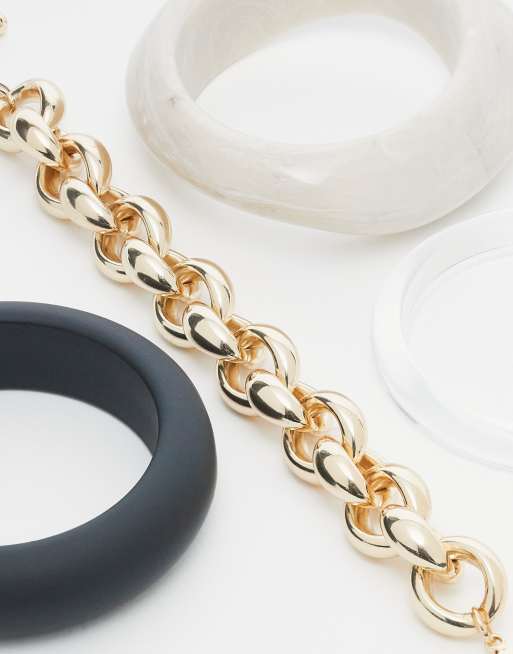 DESIGN Pack Of 4 Bangles With Resin And Chain Details In Black And White