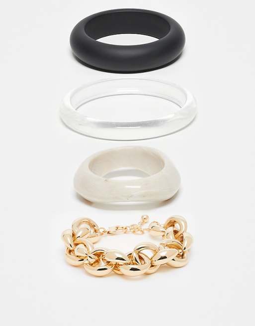 DESIGN pack of 4 bangles with resin and chain details in black and white