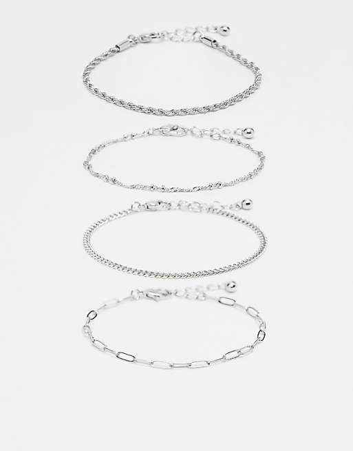 DESIGN pack of 4 fine chain bracelets in silver tone