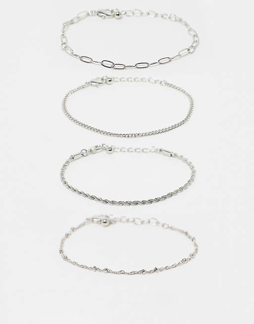 DESIGN pack of 4 fine chain bracelets in silver tone