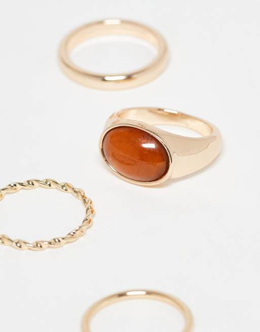 DESIGN Pack Of 4 Mixed Rings With Faux Semi Precious Stone In Gold Tone